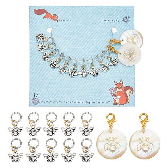 12 шт. 2 стиль пчелы в тибетском стиле из сплава подвесные маркеры для стежков, вязанные крючком подвески, с застежками-когтями из сплава и подвесками из свежей ракушки