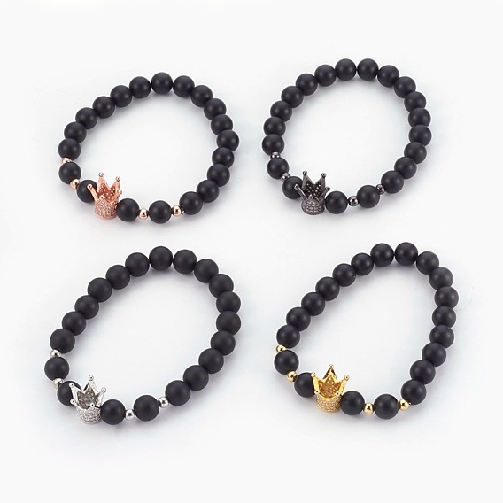 Natural Black Agate(Dyed & Heated) Beads Stretch Bracelets, with Brass Micro Pave Cubic Zirconia Beads, Crown, Clear