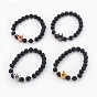 Natural Black Agate(Dyed & Heated) Beads Stretch Bracelets, with Brass Micro Pave Cubic Zirconia Beads, Crown, Clear
