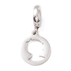 304 Stainless Steel European Dangle Charms, Large Hole Pendants, Flat Round with Hollow Boy