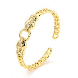 Leopard Door Knocker Shape Cubic Zirconia Cuff Bangle, Real 18K Gold Plated Brass Curb Chain Shape Open Bangle for Women, Cadmium Free & Lead Free