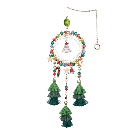 Christmas Theme Glass Beaded & Alloy Enamel Charm Hanging Ornaments, Polycotton Christmas Tree Tassel Pendant Decorations