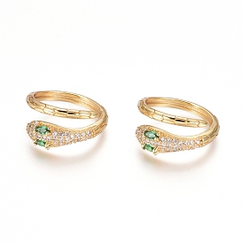 Brass Micro Pave Cubic Zirconia Cuff Rings, Open Rings, Long-Lasting Plated, Snake, Green & Clear