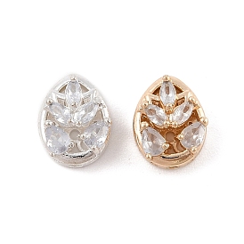 Rack Plating Brass Micro Pave Cubic Zirconia Beads, Long-Lasting Plated, Lead Free & Cadmium Free, Teardrop with Flower