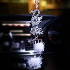 K9 Glass Swan Pendant Decorations, Pom Pom Tassel Hanging Ornaments, for Car Rearview Mirror Decorations