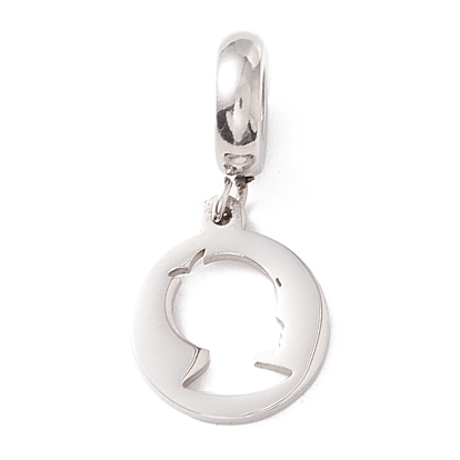 304 Stainless Steel European Dangle Charms, Large Hole Pendants, Flat Round with Hollow Boy