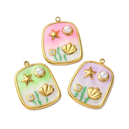 304 нержавеющей стальной эмали подвески, с абс пластмассовыми жемчужными бисером, прямоугольник амулеты, реальный 18 k позолоченный, вакуумное покрытие pvd