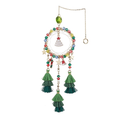 Christmas Theme Glass Beaded & Alloy Enamel Charm Hanging Ornaments, Polycotton Christmas Tree Tassel Pendant Decorations