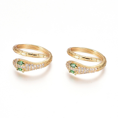 Brass Micro Pave Cubic Zirconia Cuff Rings, Open Rings, Long-Lasting Plated, Snake, Green & Clear