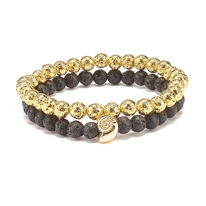 2Pcs 2 Style Natural Lava Rock Stretch Bracelets Set with Alloy Conch Shell Beaded, Essential Oil Gemstone Jewelry for Women