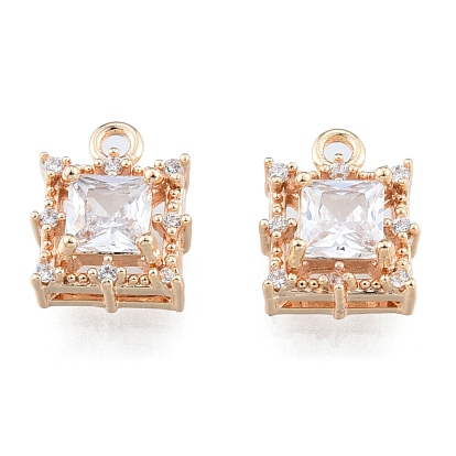 Brass Micro Pave Clear Cubic Zirconia Charms, Cadmium Free & Nickel Free & Lead Free, Square