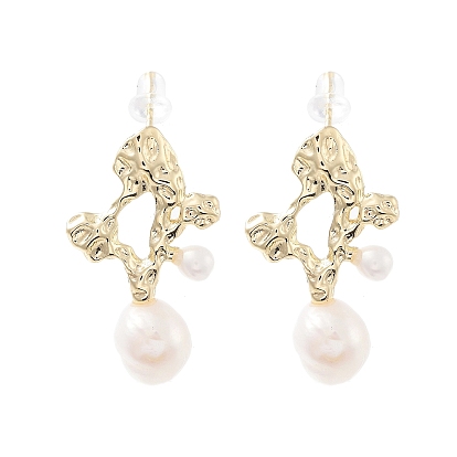 Natural Pearl Dangle Stud Earrings, Brass Earrings with 925 Sterling Silver Pins