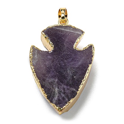 Natural Amethyst Pendants, Arrow Charms with Golden Tone Brass Findings, Cadmium Free & Lead Free