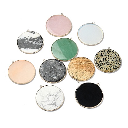 Mixed Gemstone Big Pendants, with Golden Plated Brass Eadges, Flat Round Charms