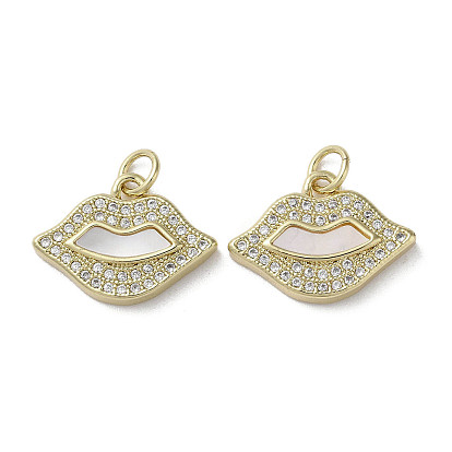 Brass Micro Pave Cubic Zirconia Pendants, Cadmium Free & Lead Free, with Shell, Lip