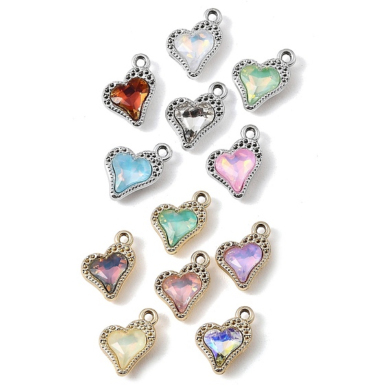 UV Plating Alloy Glass Pendants, Heart Charm, Faceted, Mixed Color