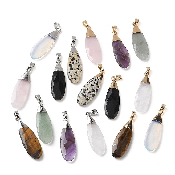 Natural & Synthetic Gemstone Pendants, Faceted Teardrop Charms, with Brass Finding