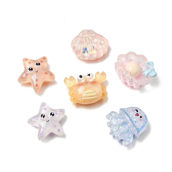Ocean Animals Transparent Resin & Paillette & Glitter Powder Cabochons, Mixed Shapes