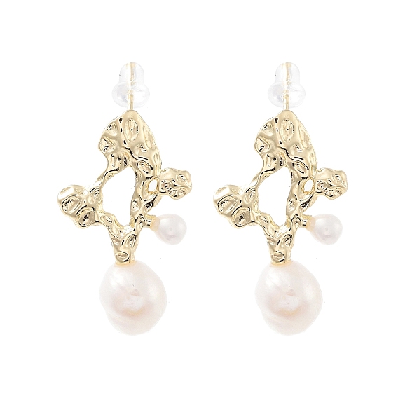 Natural Pearl Dangle Stud Earrings, Brass Earrings with 925 Sterling Silver Pins