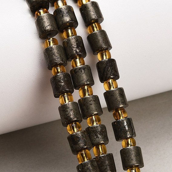 Нити из бусин из натурального золотого пирита/золотого пирита, колонка, с бисером