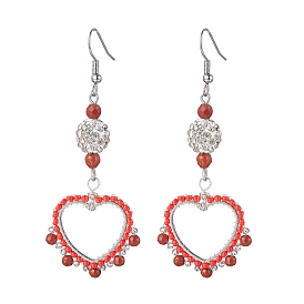 304 Stainless Steel Linking Ring Dangle Earring, Natural Red Jasper and Glass Beads, Heart