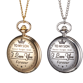 Alloy Pendant Necklace Quartz Pocket Watches, with Iron Chains and Lobster Claw Clasps, Flat Round with Word