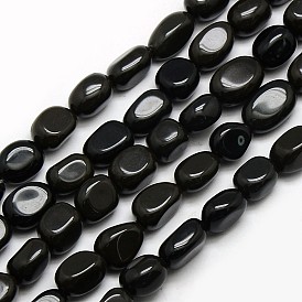 Natural Obsidian Nuggets Beads Strands, Tumbled Stone, 8~12x8~12mm, Hole: 1mm, about 34~36pcs/strand, 15.5 inch