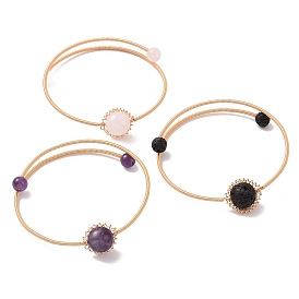 Bracelet de manchette en perles rondes avec pierres précieuses naturelles mélangées, bracelet torque ajustable en fil de cuivre doré