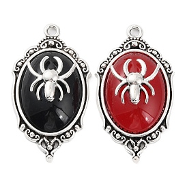 Halloween Alloy Oval Pendants, Spider Charms with Resin, Antique Silver