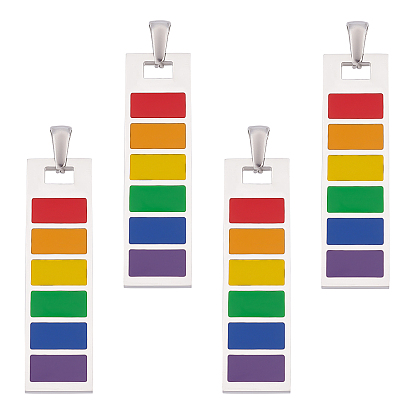 4Pcs Stainless Steel Pendants, with Enamel, Stainless Steel Color, Rectangle