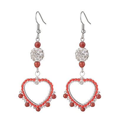 304 Stainless Steel Linking Ring Dangle Earring, Natural Red Jasper and Glass Beads, Heart