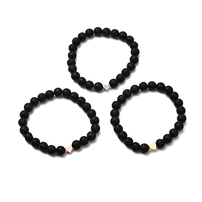 Natural Lava Rock Stretch Bracelets Sets, Oil Diffuser Yoga Menditation Beads Bracelets for Men Women Girls Jewelry, Brass Heart Bracelets
