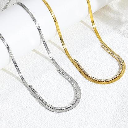 304 Flache Schlangenketten aus Edelstahl mit quadratischen, klaren Zirkonia im Pavé-Stil für Damen
