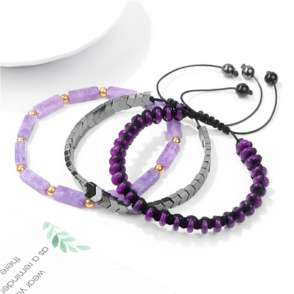 Natural Rectangle Amethyst Bracelet with Black Onyx Beaded Wheel and Braided Set for Men
