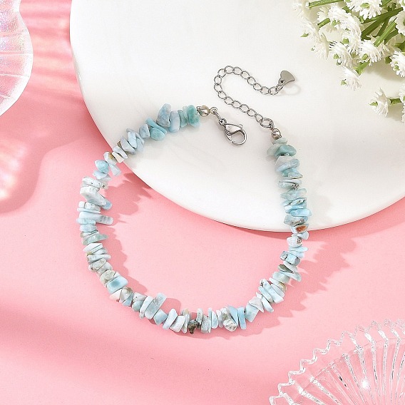 Natural Larimar Chip Beaded Anklets with Stainless Steel End Chains