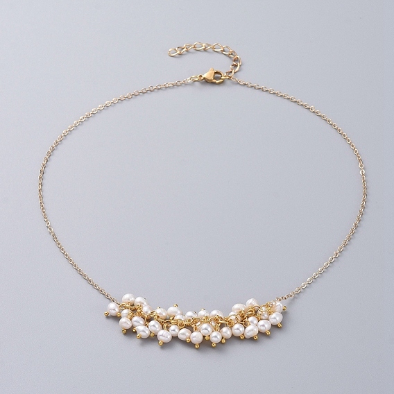 Soldered Brass Cable Chain Necklaces, with Natural Cultured Freshwater Pearl Beads