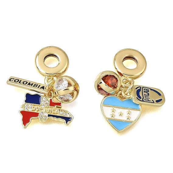 Dijes colgantes europeos de latón con micropavé de circonitas cúbicas transparentes y esmalte., Grandes colgantes agujero, amuletos de mapa/corazón, chapado en rack, larga duración plateado, sin plomo y cadmio