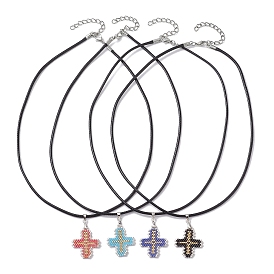 Colliers à pendentif croix en graines de verre, avec des cordes en nylon