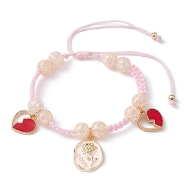 Bracelet de perles tressées en quartz craquelé synthétique, Bracelet à breloques en émail en alliage coeur et rose pour la saint-valentin