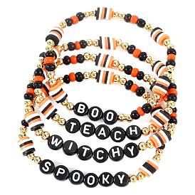 4Pcs 4 Styles Adjustable Halloween Punk Style Polymer Clay & Brass Stretch Beaded Bracelet Sets in Black, White and Orange