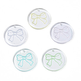 Transparent Resin Pendants, with Glitter Powder, Flat Round with Bowknot