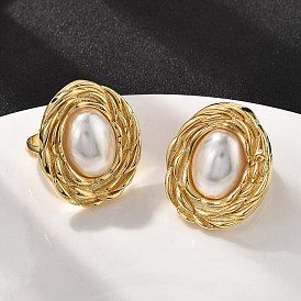 Овальные латунные перстни для женщин, с абс пластмассовой имитационной жемчужиной, долговечный, без свинца и без кадмия