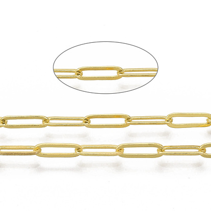 Brass Paperclip Chains, Drawn Elongated Cable Chains, Soldered, with Spool, Oval