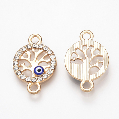 Alloy Rhinestone Links Connectors, Enamel Style, Flat Round with Tree of Life and Evil Eye, Blue