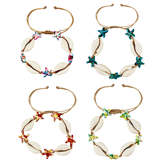 8шт 4 цвета натуральные ракушки каури и синтетическая бирюза плетеные браслеты из бусин для женщин, морская звезда и раковина, с регулируемым нейлоновым шнуром