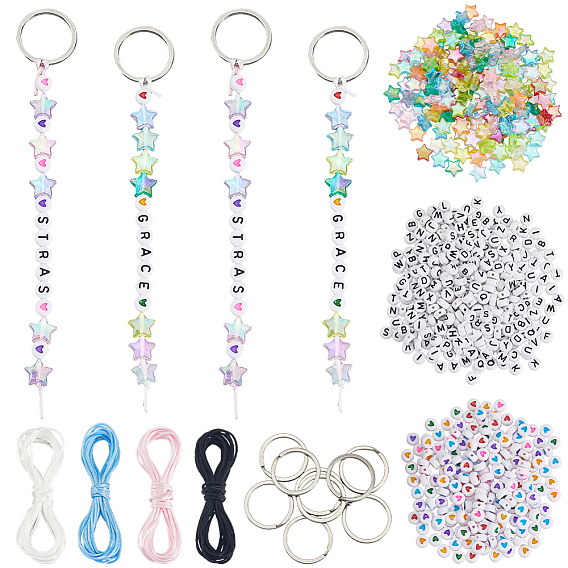 Наборы для изготовления брелоков в виде звезд и букв своими руками, включая акриловые бусины и нейлоновый шнур.