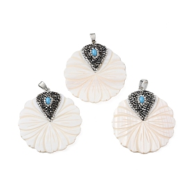 Natural White Shell Pendants, Flat Round Charms with Iron Polymer Clay Rhinestone Findings