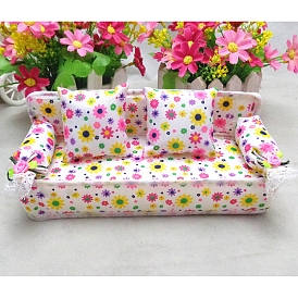 Mini Cloth Sofa & Pillow Model, Miniature Dollhouse Decorations Accessories, Flower Pattern