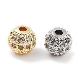 Brass Micro Pave Clear Cubic Zirconia Beads, Round