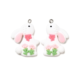 Непрозрачные подвески смолы, кролик с бантом и цветком, с платиновым тоном железная петля